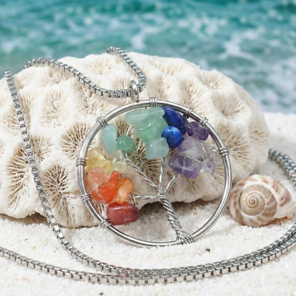 Handmade Chakra Tree Of Life Crystal Pendant Stainless Steel Boho Chic Necklace - Picture 16 of 16